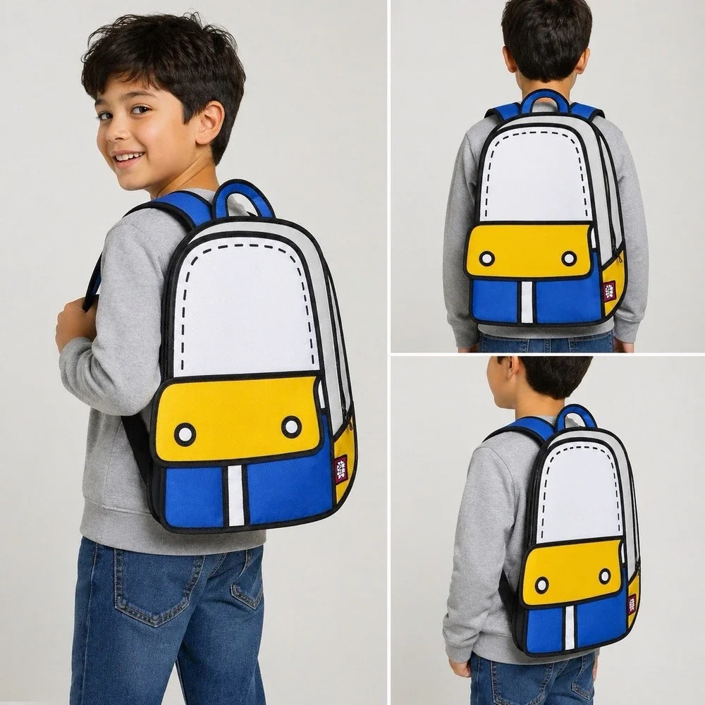 JumpFromPaper 2D Cartoon Backpack Blue‎ Yellow White Comic Optical Illusion Bag